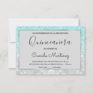 Convites Quinceanera RSVP Teal Blue Girly Glitter Sparkle