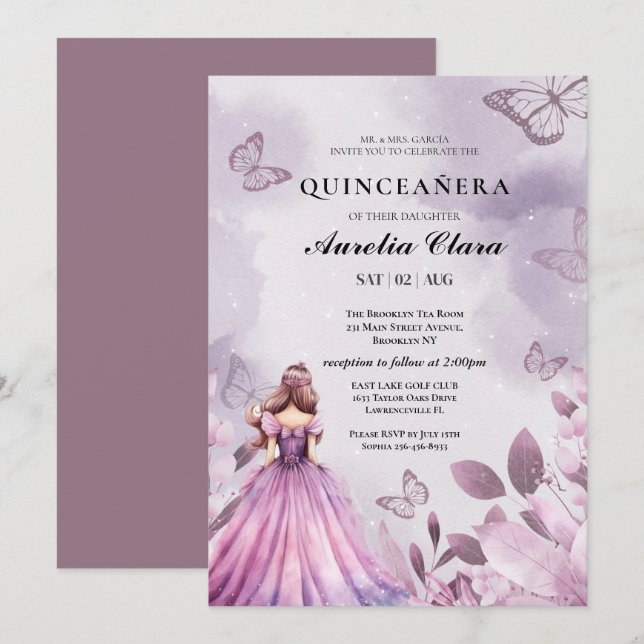 Convites Quinceañera Rubor  floral Borboleta roxa (Frente/Verso)