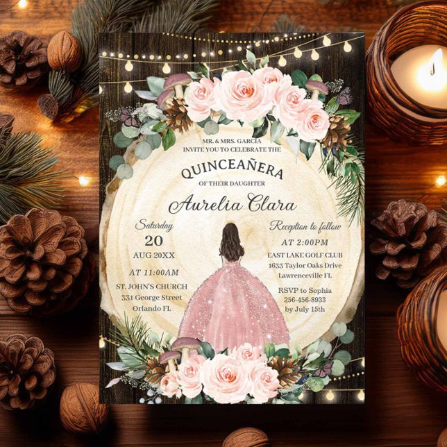 Convites Quinceanera Russo Blush Floresta Incêntrica Floral (quinceanera enchanted forest wood slice blush floral fairy lights pines girl rose gold dress invites)