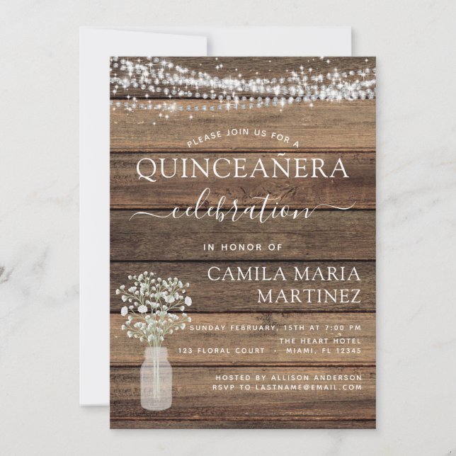 Convites Quinceanera Rustic Baby's Breath Farmhouse Lights (Frente)