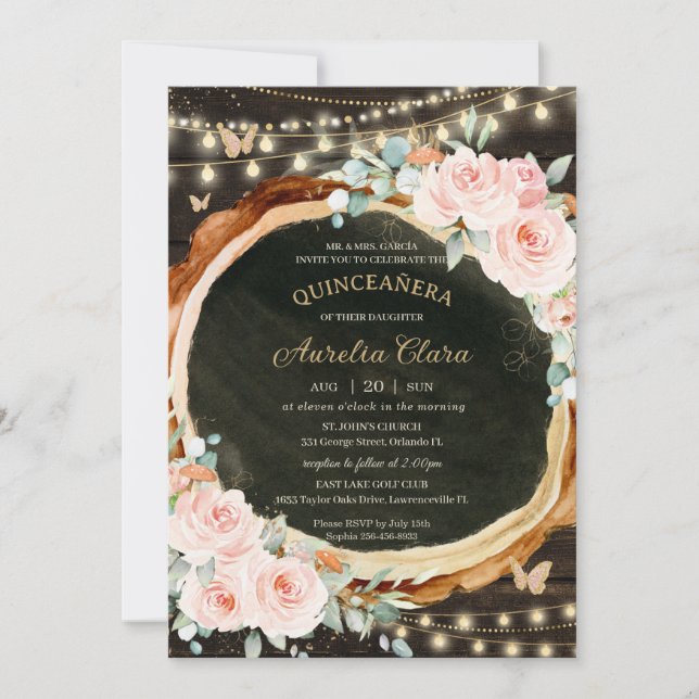 Convites Quinceañera Rustic Blush Floresta Encantada Floral (Frente)