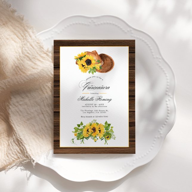 Convites Quinceañera Rústica com Girassóis em Aquarela no T (Watercolor Sunflower Rustic Western Quinceañera Invitation)