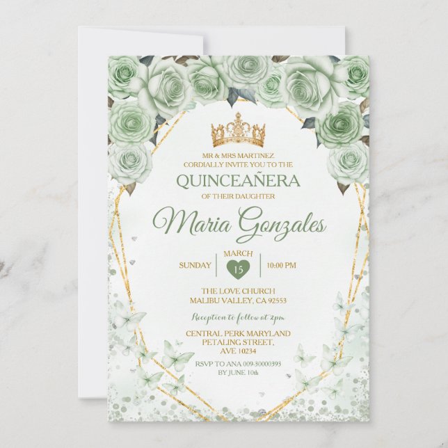Convites Quinceañera Sage Borboleta Verde Mexicana (Frente)