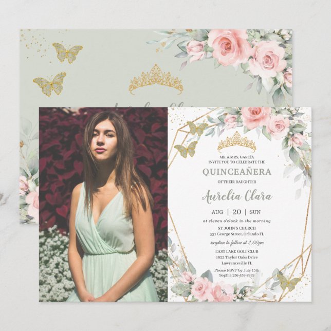 Convites Quinceañera Sage Borboletas Verdes Rosa (Frente/Verso)