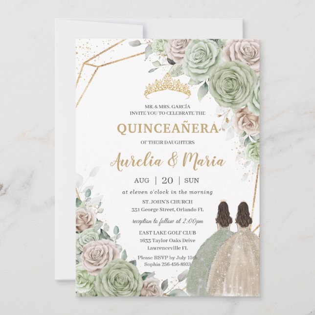Convites Quinceañera Sage Champanhe Verde Dourado Gêmeas Fl (Frente)