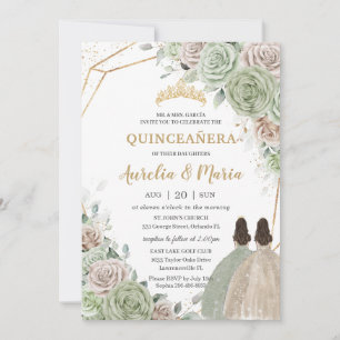Convites Quinceañera Sage Champanhe Verde Dourado Gêmeas Fl