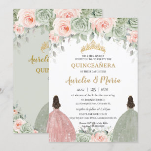Convites Quinceañera Sage Green Blush Gêmeos Dourados