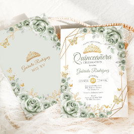 Convites Quinceanera Sage Green Floral Dourada
