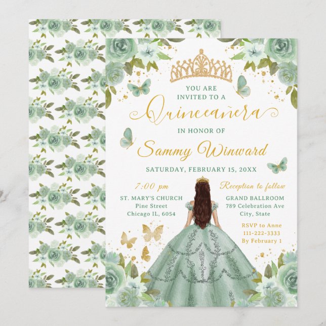 Convites Quinceañera Sage Green Princess Brunette Girl (Frente/Verso)