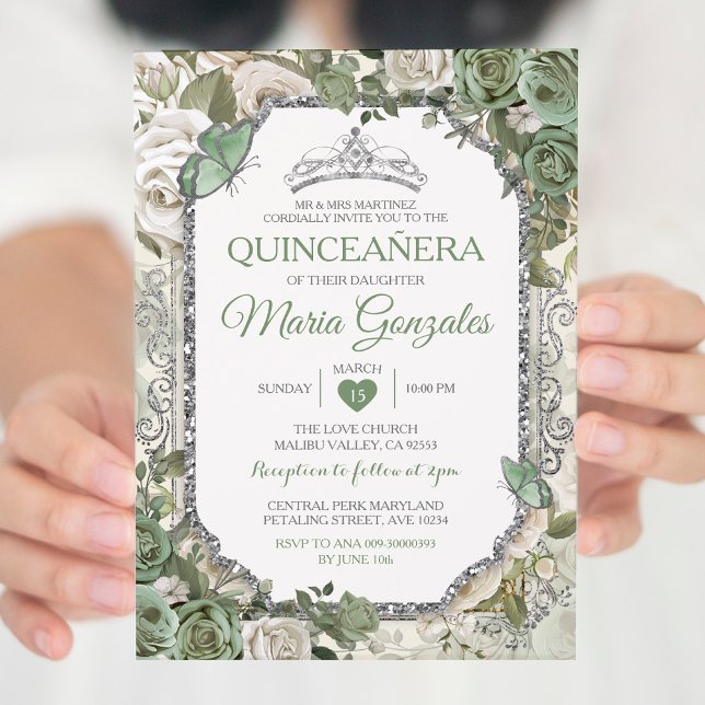 Convites Quinceañera Sage Green & Silver Crown Butterfly (Criador carregado)
