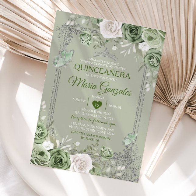 Convites Quinceañera Sage Green Silver Crown Button (Criador carregado)