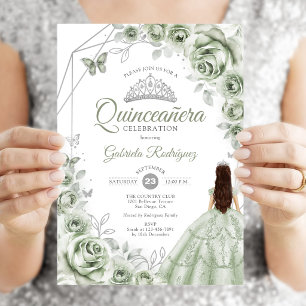 Convites Quinceanera Sage Green Silver Vestido Floral