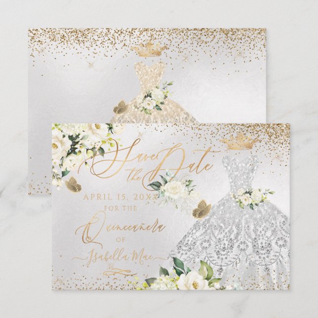 Convites Quinceanera Salva a Data Prata Faux Glitter Gown (Frente/Verso)