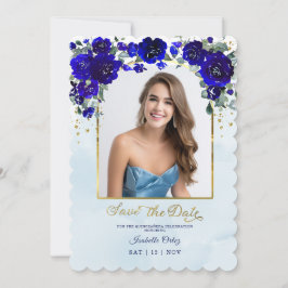 Convites Quinceañera Salvar Data Foto Azul Real Dourado