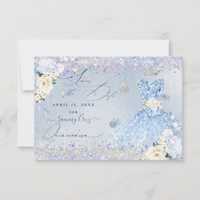 Convites Quinceanera Save Date Blue Holographic Confetti (Frente)