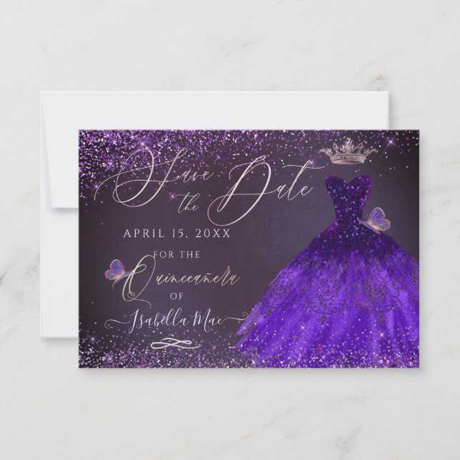 Convites Quinceanera Save Date Butterfly Ultra Violet Gown (Frente)