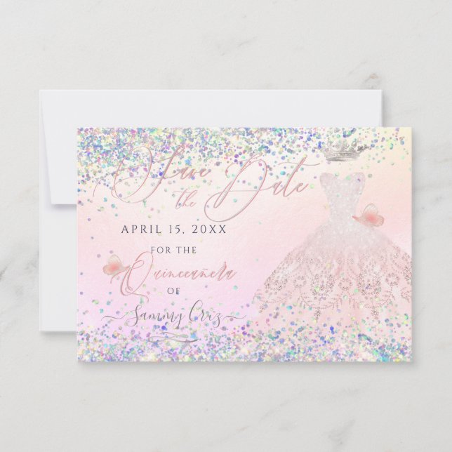 Convites Quinceanera Save Date Holographic Confetti Invita (Frente)