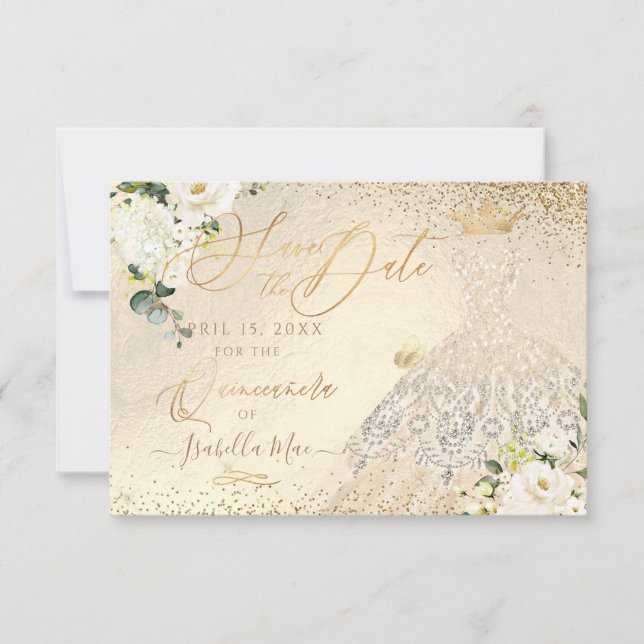Convites Quinceanera Save the Date Dourado Véu de Brilho Go (Frente)