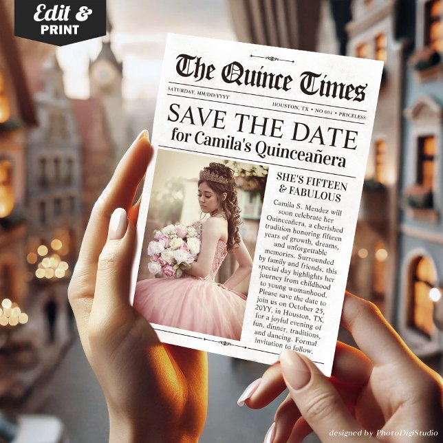 Convites Quinceañera Save the Date, Miss Quince Newspaper (Quinceañera Save the Date, Miss Quince Newspaper Invitation)
