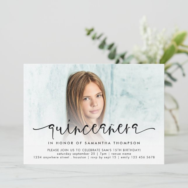 Convites Quinceañera, Script Moderno de Sobreposição de Fot (Em pé/Frente)