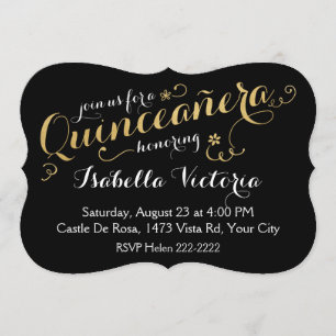 Convites Quinceañera, Script Negro e Dourado