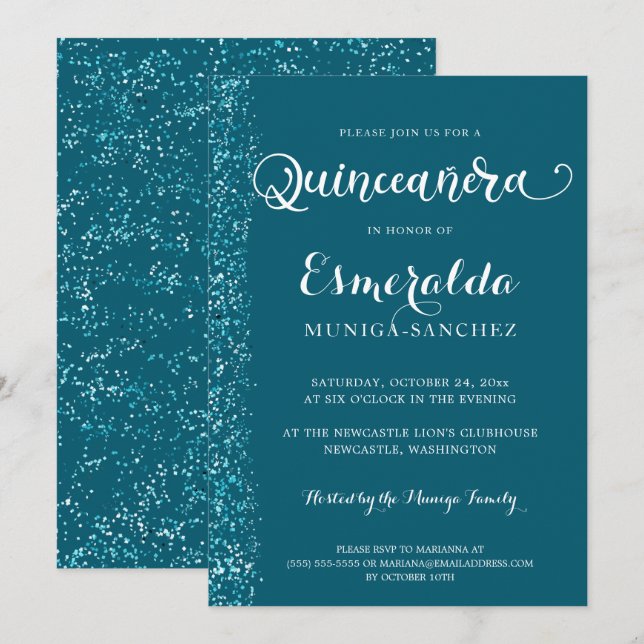 Convites Quinceanera Silver Azul-Teal Moderno (Frente/Verso)