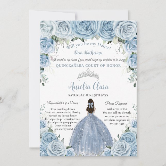 Convites Quinceañera Silver Baby Blue Floral Pedido (Frente)