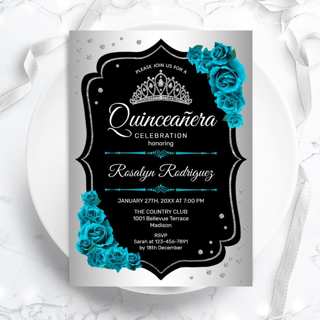 Convites Quinceanera Silver Black Teal (Criador carregado)