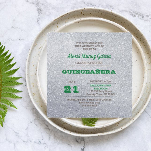 Convites Quinceañera Silver e Emerald Green Sparkly (Criador carregado)
