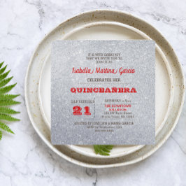 Convites Quinceañera Silver e Ruby Red Sparkly