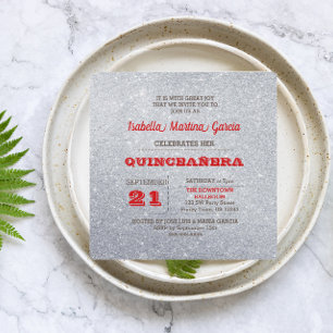 Convites Quinceañera Silver e Ruby Red Sparkly