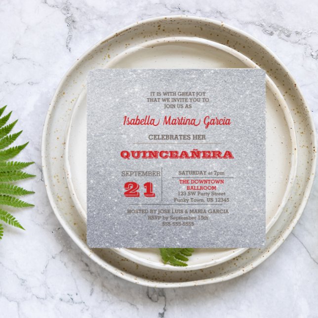 Convites Quinceañera Silver e Ruby Red Sparkly (Criador carregado)