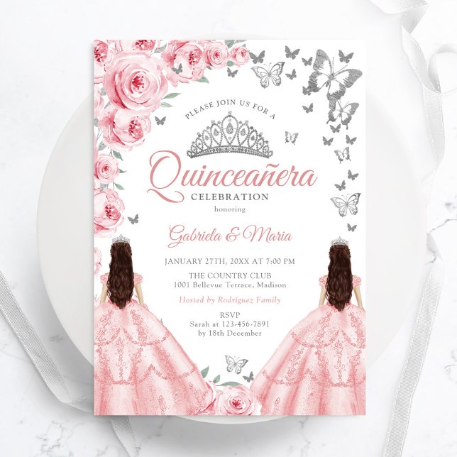 Convites Quinceanera Silver Gêmeos Florais Brancos Rosa Bra (Criador carregado)