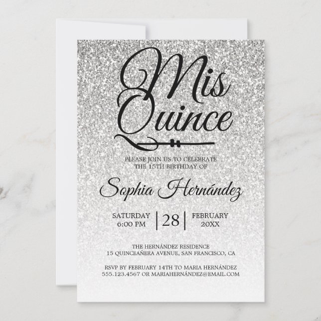 Convites Quinceañera Silver Glitter 15 Birthday (Frente)