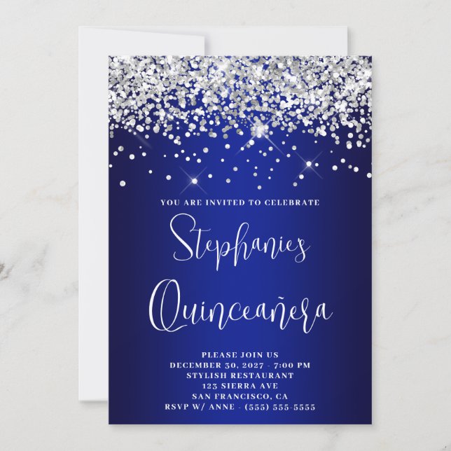Convites Quinceañera Silver Glitter Royal Blue Navy Ombre (Frente)