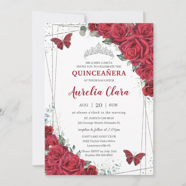 Convites Quinceañera Silver Rosas vermelhas Borboletas (Frente)