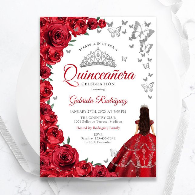 Convites Quinceanera Silver Rosas vermelhas de Aquarelas (Criador carregado)