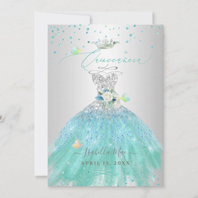 Convites Quinceanera Silver Turquoise Glitter (Frente)