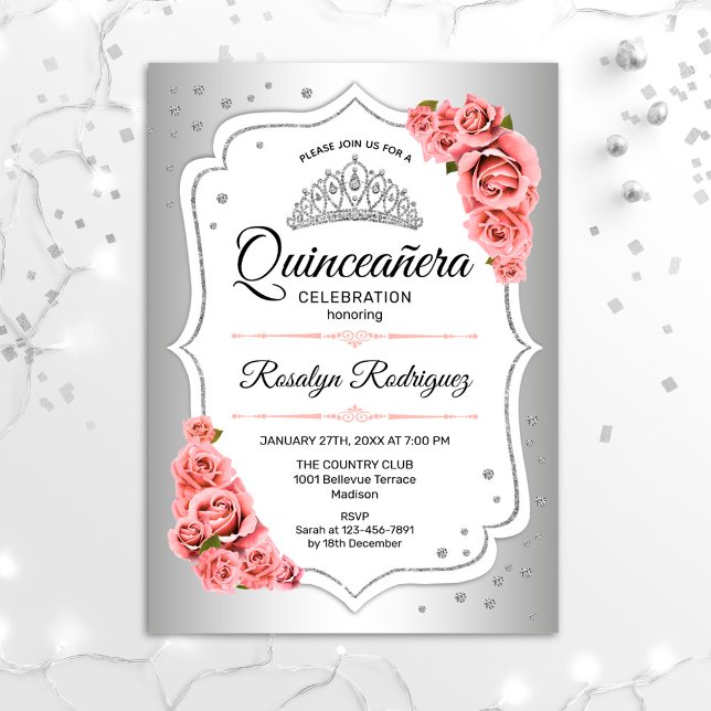 Convites Quinceanera - Silver White Blush - Rosa (Criador carregado)