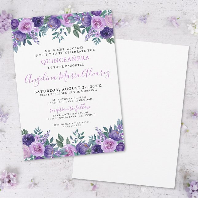 Convites Quinceanera Simples e Elegante (Elegant Simple Purple Quinceanera Invitation)