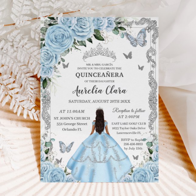 Convites Quinceañera Sky Blue Floral Dress Princesa Pratead (Criador carregado)