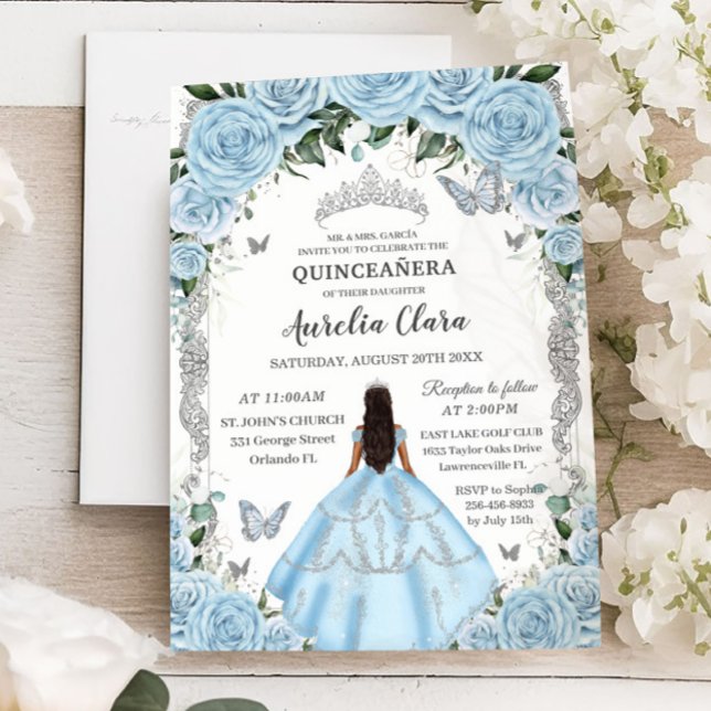 Convites Quinceañera Sky Blue Floral Gown Princesa Prateada (Criador carregado)