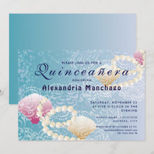 Convites Quinceanera sob o solo marinho, pérolas, cascas co