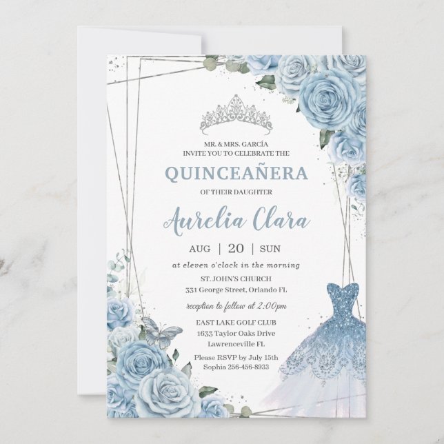 Convites Quinceañera Soft Baby Blue Floral Rosas (Frente)