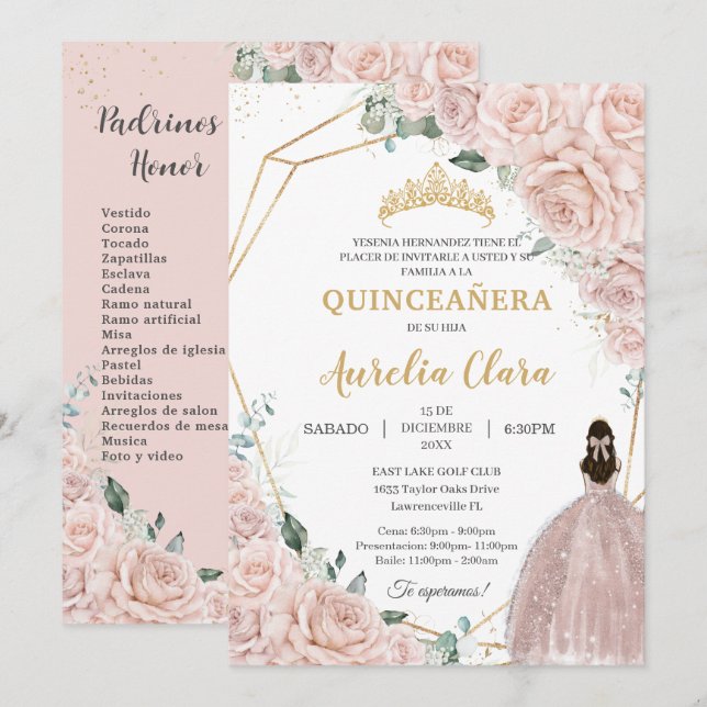 Convites Quinceañera Soft Blush Floral 15 Años Padrinos (Frente/Verso)