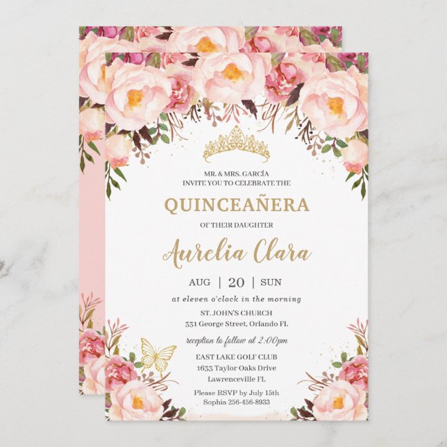 Convites Quinceañera Soft Blush Floral Dourada Tiara Butter (Frente/Verso)