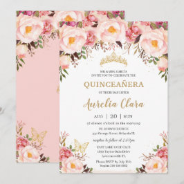 Convites Quinceañera Soft Blush Floral Dourada Tiara Butter