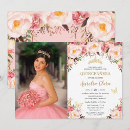 Convites Quinceañera Soft Blush Floral Dourada Tiara Butter