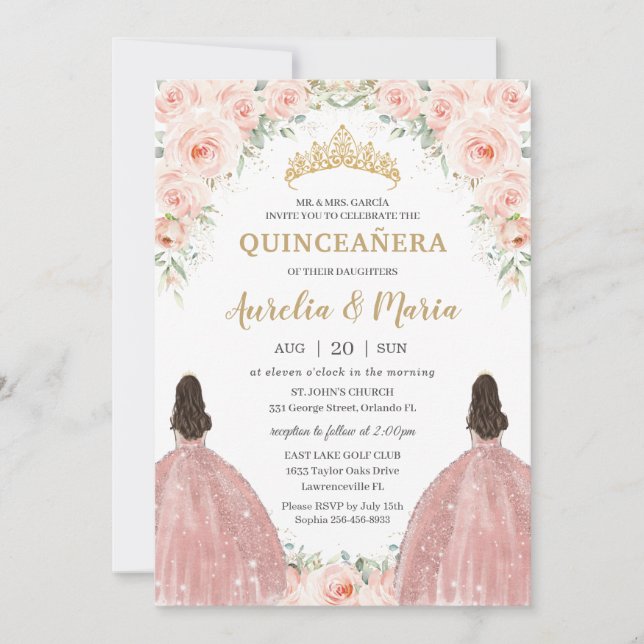 Convites Quinceañera Soft Blush Rosas Florais Gêmeos (Frente)