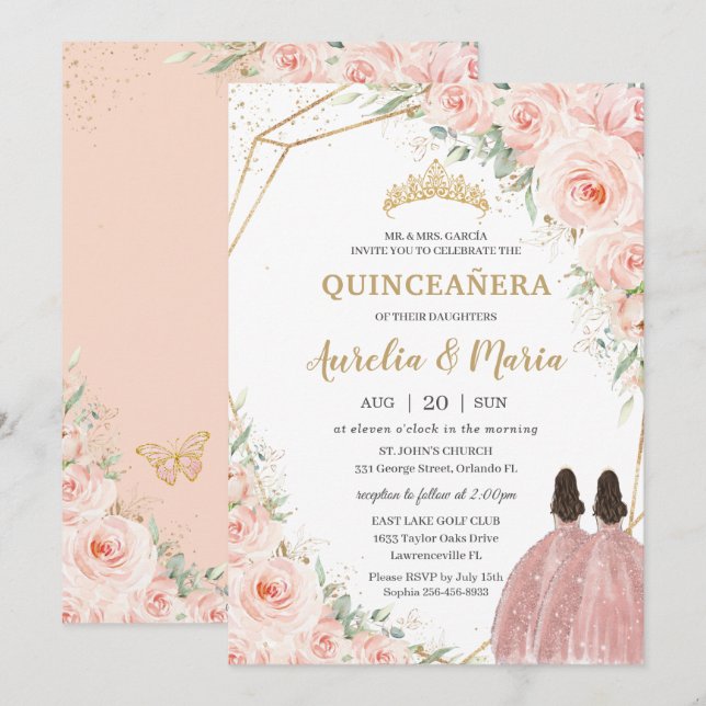 Convites Quinceañera Soft Blush Rosas Florais Gêmeos (Frente/Verso)